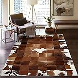 Teppich Kuhfell Patchwork, Leder Karo Handgenäht Rechteckiger Brauner Teppich Klassische Atmosphäre Kreativ für Schlafzimmer/Wohnzimmer/Küche/Büro/Garderobe (160cmx240cm)