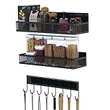 JTWEB Gewürzregal ohne Bohren 3 Stück,kühlschrank organizer,Magnetisches Kühlschrank Regal mit 10 Haken Kühlschrank Regal,Kühlschrank Organizer für Gewürze