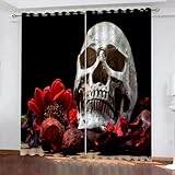 AHITRA Vorhänge Schädel Rose 3D Motiv Verdunklungsvorhang Blickdicht Gardinen mit Ösen 2er Set Gothic Rock Schwarz Blackout Curtain für Kinder Mädchen Jungen Teenager Erwachsene B 140 x H 160 cm