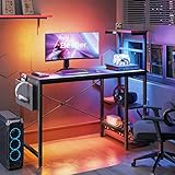 Bestier Computertisch mit Regalen, Kleiner Eckschreibtisch mit LED-Beleuchtung, 113 cm, umkehrbarer Computertisch, Schreibtisch mit Seitentasche, Aufbewahrungstasche für kleine Räume im Heimbüro