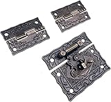 SanzeZ Antik-Retro-Haspe Lock Buckle Hook Eye Latch, 2 Stück Truhen Schrankscharniere + 1 Stück Bronze Schmuck Holzkiste Lock Buckle Buckle Buckle Retro Hardware Möbelzubehör