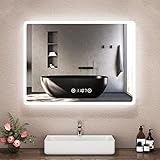 Boromal Badspiegel mit Uhr 80x60cm LED Badezimmerspiegel mit Beleuchtung Badezimmer Spiegel 6500K Kaltweiß Wandspiegel Lichtspiegel mit Touch Schalter, Beschlagfrei, Uhr