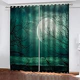 GSKOQD Gardinen Kinderzimmer Blickdicht - 2 Stück 264X240Cm (B X H) 3D Digitaldruck Grüne Vollmondnachtszene Vorhang Verdunklungsvorhänge Schlafzimmer Wohnzimmer Ösenschal Kinder Thermovorhang
