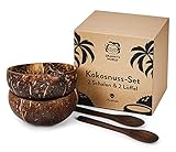 Granny's World® Exclusive Kokosnuss-Schalen 2er Set mit Löffeln | Handgefertigtes 100% Naturprodukt | Holzschale | Coconut Bowls Set | Handgefertigt mit Kokosöl poliert