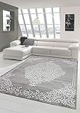 Moderner Teppich Orientteppich Ornamente mit Glitzergarn in Grau Creme Größe 160x220 cm