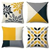 Artscope Samt Geometrische Kissenbezug Dekorative Super Weich Kissenhülle mit Blumen und Grau-Gelb Muster Dekokissen für Sofa Bett 45x45cm 4er Set
