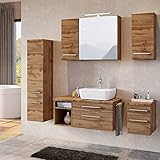 Lomadox Badmöbel Komplett Set, Wotan Eiche, 90 cm Waschtischunterschrank, Keramikbecken, LED-Spiegelschrank, Midischrank, 2 Hängeschränke, Unterschrank