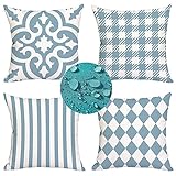 wasserdichte Kissenbezug Cyan-weißes Plaid Kissenhülle 65x65cm 4er Set Dekorative Outdoor Kissen Wasserfes Dekorativ Kissenbezüge Leinen Sofakissen Luxus Kissenbezüge für Wohnzimmer Garten Outdoor