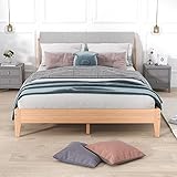 Holzbett, 140 x 200cm Doppelbett, Polster Kopfteil, Jugendbett, Erwachsenenbett, Rahmen aus Kiefernholz, Natur (Natur, 140 x 200cm)
