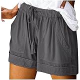 PTLLEND Damen Shorts Sommer Casual Kurze Hosen Tunnelzug Elastische Stoffhose Hotpants Baumwolle Leinen Strand Shorts mit Taschen