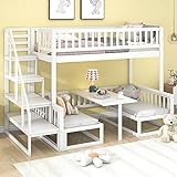 FEZTOY Kinderbett/Etagenbett/Funktionsbett mit Schreibtisch (umbaubar zu einem Tisch mit Bänken oder zu 2 Einzelbetten),Hochbett mit Treppe (90x200cm&120 * 200cm)