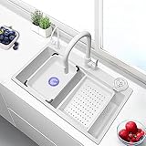 Küchenspüle, weiße Multifunktions-Großspüle, Einzelbecken aus Edelstahl 304, mit ausziehbarem Wasserhahn und Tassenspüler, kann auf der Bühne/Taizhong/unter der Bühne installiert werden