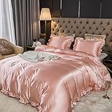 Sedefen Satin Bettwäsche Set 135x200cm mit Rüschen Rosa Glatt Glänzend Luxus Seide Bettwäsche Set Kühlender Uni Sommer Bettbezug mit Reißverschluss und Kissenbezug 80x80cm