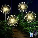 Joycome Solarstecker Gartenleuchten 4 Stück Solar Feuerwerk Lichter 120 LED Gartenstecker Solarleuchte Wasserdicht Solarlampen für Außen Garten Terrasse Balkon Rasen Hinterhöfe Weg Deko (Warmweiß)