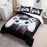 Tbrand Gamepad Bettbezug Set Jungen Jungs Gamer Bettwäsche Set 135x200cm Weißes Videospiel Gamepad Betten Set Für Jugendliche Kinder Schlafzimmer Dekor Bunte Krawattenfarbe Modern Game Controller