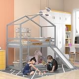 FEZTOY Kinderbett Hochbett 90x200, Kinder Etagenbett mit Rutsche Stockbett Für 2 Kinder, Hausbett, Etagenbettrahmen, Spielbett, Jugendbett, Etagenbett Nein Matratze (Hausbett mit Rutsche-Grau)