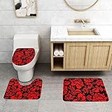 Set 3 Teilig Badvorleger Blumenrot Bedruckt Teppich Waschbar Langlebige Badgarnitur Badematten, Für Dusche, Badewanne