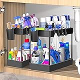 Wholede 2 Pack 2 Etagen Unter Waschbecken Regal, Spülschrank Organizer mit 8 Haken und 2 Tasse, Schrank Küchen Organizer Gewürzregal Küchenregal Küchenhelfer mit Arbeitsplatte- Schwarz