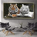 Moderne Tiere Poster und Drucke Wandkunst Leinwand Malerei Zwei süße Tiger Bilder für Wohnzimmer Dekoration Wandbild 80x160cm Rahmenlos