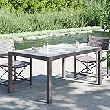 Gecheer Gartentisch Gartenmöbel Esstisch Outdoor Tisch, Mit Schützendem Gummi für Glas, 150x90x75 cm Gehärtetes Glas Poly Rattan Braun