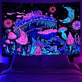 Yrendenge Schwarzlicht Pilz Wandteppich UV Mond Pilze Wandtuch, Fluoreszierend Pflanzen Sternenhimmel Wandteppich Aesthetic Wandbehang für Schlafzimmer Schlafsaal 83*59 Inch (210*150cm)