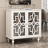 Caldion Sideboard Kommode Anrichte Schrank mit verstellbarem Regal und 2 Glastüren, hölzerne Lagerung Konsole Sideboard mit Mustern für Wohnzimmer, Küche weiß 80cm(B) x 40cm(T) x 80cm(H)