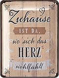 LANOLU Retro Blechschild ZUHAUSE ist, wo das Herz sich wohlfühlt, Geschenk zum Einzug, Richtfest Geschenk, Metallschilder Familienregeln Holzschild Optik, Schilder mit Sprüchen gewölbt 15x20cm
