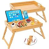 Greenual 2 Stück Betttablett Tisch mit Griffen, klappbare Beine, Bambus-Frühstückstablett mit Medienschlitz, Verwendung als Platte, Laptop-Schreibtisch, Snack, TV-Tablett, Küche, Serviertablett