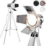 Jago® Stehlampe mit Stativ aus Holz - Verchromter Stahl, LED, E27, Höhenverstellbar max. 148cm, Industrial, Farbwahl - Dreifuss Stehleuchte, Standleuchte, Studiolampe mit Tripod (Weiß Matt)