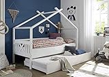 Kinderbett Leonie mit Dach/Himmelvorrichtung 90 * 200 Kiefer massiv Holz weiß Jugendzimmer Liege Spiel Hausbett