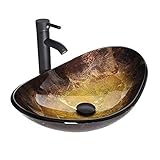 YU YUSING Aufsatzwaschbecken Waschbecken Glas Waschtisch, Oval Hand Waschschale mit Wasserhahn Set, Waschplätze für Badezimmer Küche Gäste WC, Modern Golden, 53 x 35 x 16 cm