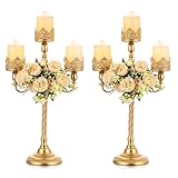 Nuptio Stumpenkerzen Kerzenleuchter 5 Armig Metall - 2 Stück 56cm Kerzenständer Stumpenkerzenhalter Gold Kandelaber Hochzeit Geburtstag Party Kaminsims Esstisch Weihnachten Kaminsims Dekoration