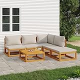 LAPOOH 6-TLG. Garten-Lounge-Set mit Hellgrauen Kissen, Gartenmöbel, Balkonmöbel, Gartenlounge, Terassenmöbel Außen, Loungemöbel Balkon, Gartengarnitur, Massivholz