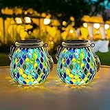 Solarlaternen für Außen Garten, NEWNEN 2 Stück Einmachglas Solarlampen für Außen Hängend, IP65 Wasserdichte Solarleuchten Outdoor Glas Mosaik Licht LED für Rasen Pfad Hof Deck Boden Terrasse