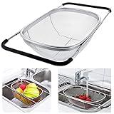 HOJKMA Edelstahl Sieb für Spüle Abtropfsieb Ausziehbar, Über dem Spülsieb Erweiterbares Ovales Siebkorbsieb mit Gummigriffen 6 Quarts Sieb für Küchenspüle, Abfluss, Spülen von Obst, Gemüse, Schwarz