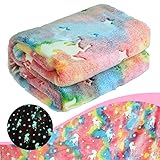 VHORATE Kinder Glow In The Dark Decke, Superweiche Flanell Fleecedecke Dekoriert mit Regenbogen Einhorn, Warm Gemütlich Pelzige Decke für Kinder, Mädchen, Jungen 152×127cm Einhorn (Regenbogen)