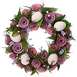 com-four® Osterkranz mit Blumen aus Holz und Eiern, dekorativer Tischkranz, Türkranz mit Aufhänger, stylische Osterdekoration