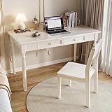 FAANAS 100% Eiche Massivholz Home Office Schreibtische Moderne Möbel Einfacher Schreibtisch Arbeitstisch Home Office Schreibtisch Computertisch mit 2 Schubladen(48-Inch, White)