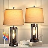 2er Set Tischlampen mit USBAnschlüssen, 3fach dimmbare BauernhausTouchLampen, Nachttischlampe für Schlafzimmer mit ACSteckdose, Moderne schwarze NachttischLampen Schreibtischlampe für