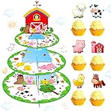 25-teiliges Cupcake-Ständer mit 3 Etagen und Bauernhof-Cupcake-Topper-Set, Fiesec Bauernhoftiere, Thema, Scheune, Partyzubehör, Karton, Dessertturm, Halter, runder Servierständer