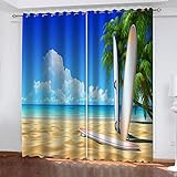 DANLIM 3D Surfbrett Am Strand Muster Schallschutz Vorhang 2Er Set Ösen Für Schlafzimmer Kinderzimmer, Gardinen Wohnzimmer Modern, Thermo Vorhänge Blickdicht Fensterdekoration 220X214cm (BxH)