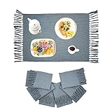 CAPASIN Boho Quasten Platzsets Gewebte Bauernhaus Tischläufer Baumwolle Quadrate Indoor Waffel Set von 6 Stück Grau