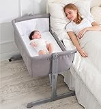 Babify Baby Beistellbett, Kinderbett mit Rollen, hochwertiges Zustellbett mit Matratze, Höhenverstellbar passend für Boxspringbett, Babybett, Reisebett Komplett Set in grau, sichere Befestigung