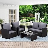 GLP Balkonmöbel Set 4-Sitzer Rattan Gartenmöbel Set Sitzgruppe Wetterfest Outdoor mit 2-er Sofa Sessel Couchtisch Auflagen Kissen für Garten Balkon Terrasse (Schwarz & Grau)