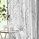 FMFUNCTEX Voile Gardinen mit Ösen Silber Folie Grau Baumzweigen Bedruckt Transparente Gardinen Vorhänge Luxuriös Modern Ösenschals für Wohnzimmer Schlafzimmer(Silber auf Grau,127×245cm)