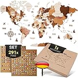 WOW WOOD® Premium Wanddeko 3D Weltkarte aus Holz in Deutsch | Holzfarbe, L (160x85cm) | Wanddeko Holz für Wohn- und Büro Deko | Werkzeuglose Wandmontage