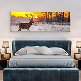 FLeage Vlies-Leinwanddrucke, Wandbild, Sonnenuntergang, Landschaft, Hirsch im Wald, Gemälde, Wanddekoration – Wohnzimmer- und Schlafzimmerdekoration – ungerahmt