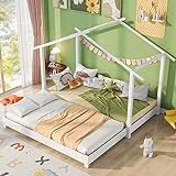 ZYLOYAL10 Hausbett 90/180 x 190cm Holz Kinderbett für Jungen & Mädchen Massivholz Kinder Bett umbaubar Bodenbett mit Lattenrost weiß