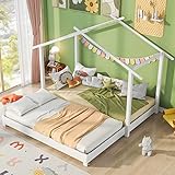 ZYLOYAL10 Hausbett 90/180 x 190cm Holz Kinderbett für Jungen & Mädchen Massivholz Kinder Bett umbaubar Bodenbett mit Lattenrost weiß