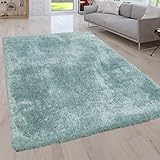 Paco Home Hochflor Teppich Wohnzimmer Schlafzimmer Waschbar In Waschmaschine rutschfest Weich Shaggy Modern Einfarbig, Grösse:80x150 cm, Farbe:Türkis